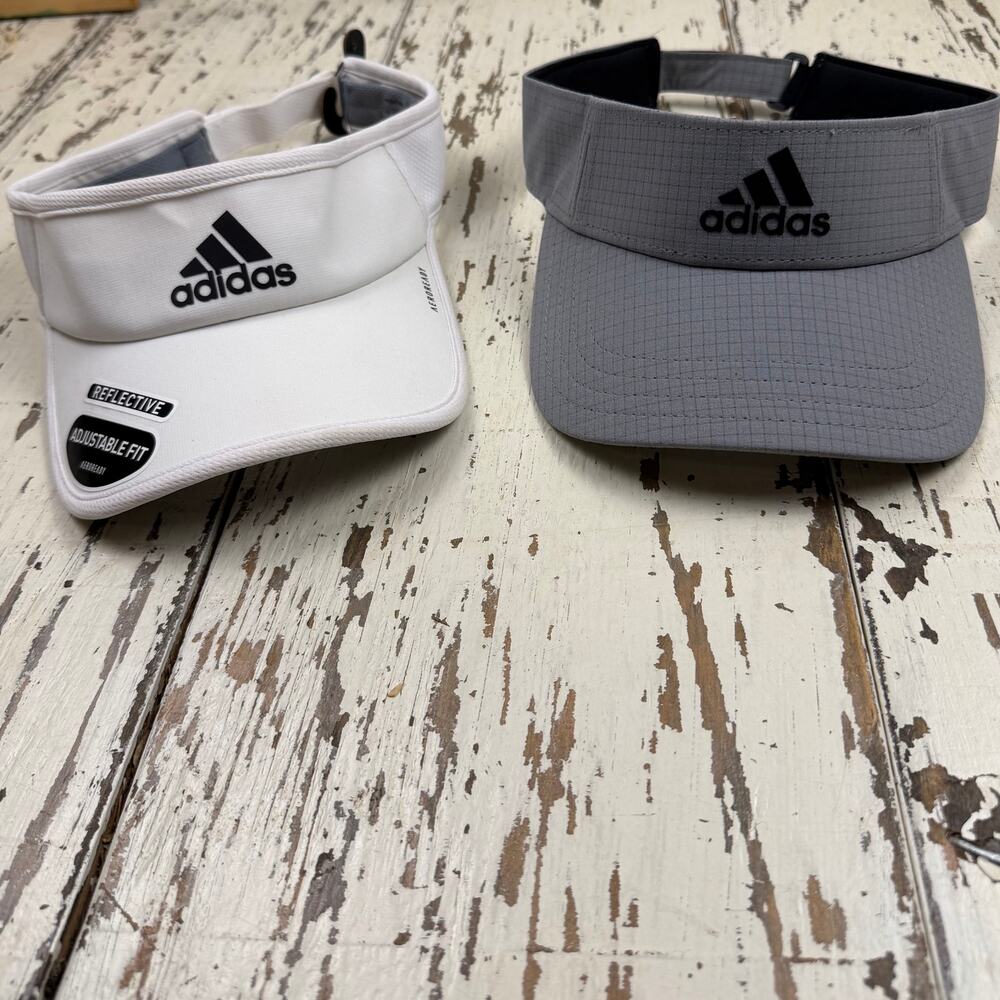 2 Adidas Visors one reflective white, one grey adjustable fit aeroready